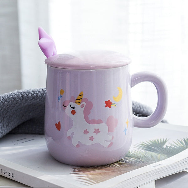 Rainbow Unicorn Ceramic Mug with Lid and Steel Spoon